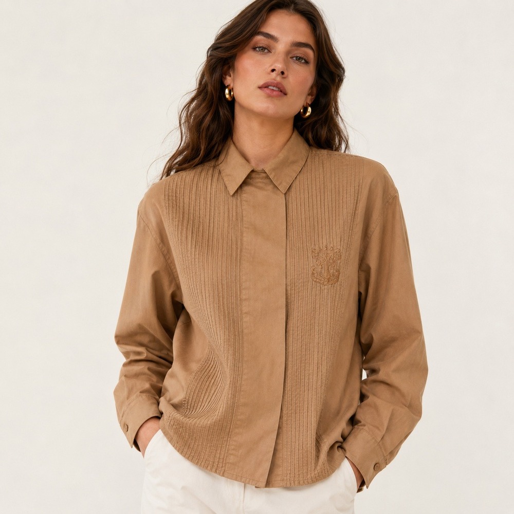 VTG 1987 Autograph American Clothing Pintuck Shirt Jacket M Camel 20.75x23